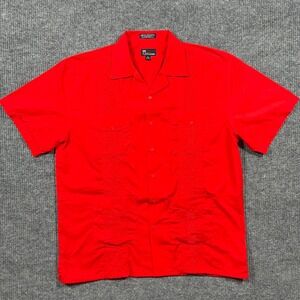 Omega Fashion Mens Button Up Shirt XL 17-17.5 Red Embroidered Panel Short Sleeve